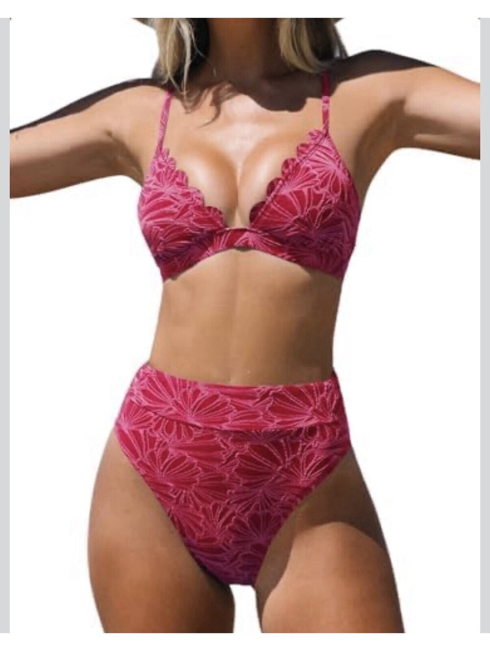 CUPSHE Fuchsia Pink Floral Scalloped Textured High Waist Bikini Set Large NWT!